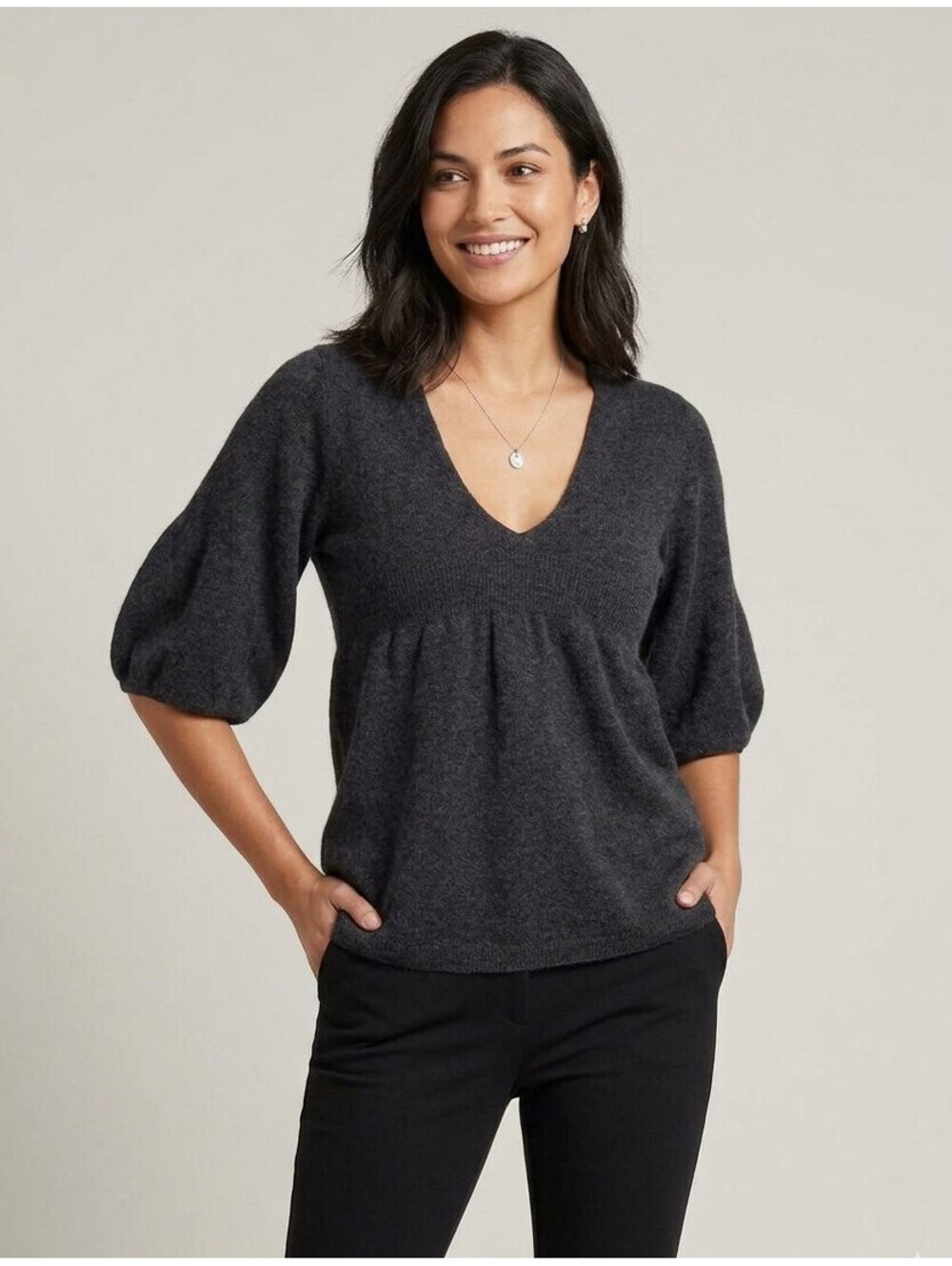 Vince XS Empire Waist Sweater Charcoal Gray 3/4 Sleeves 100% Cashmere V-neck